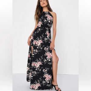 Lulus Feel The Music Midnight Blue Floral Print Maxi Dress Womens Size Medium